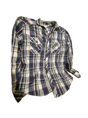 Helix Men's Blue, White, and Orange Plaid Long Sleeve Athletic Fit Button Up Shi